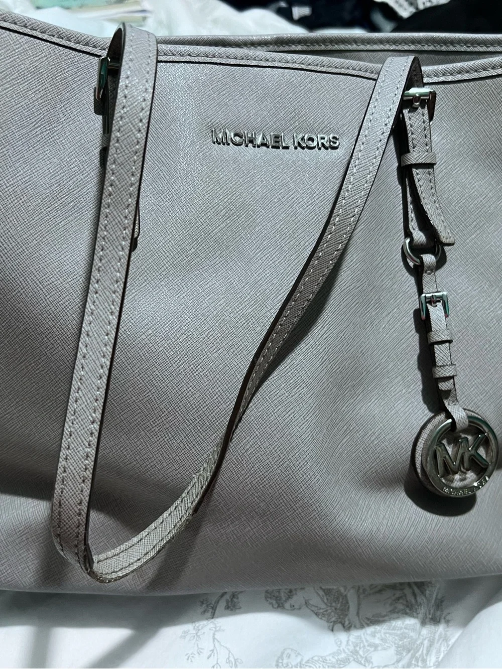 Michael Kors Light Gray Saffiano Leather Tote with MK Charm